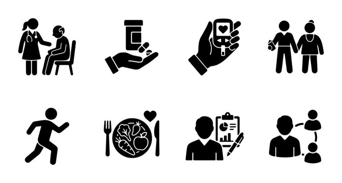 Diabetes Care Icons Set: Medical Health, Blood Sugar Monitoring, Medication, Healthy Diet, Exercise, Patient Support, and Doctor Consultation Vector Graphics
