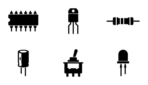 Electronic Components Vector Icons Set: Integrated Circuit, Transistor, Resistor, Capacitor, Switch, LED, Technology Symbols for Circuitry Design and Digital Projects