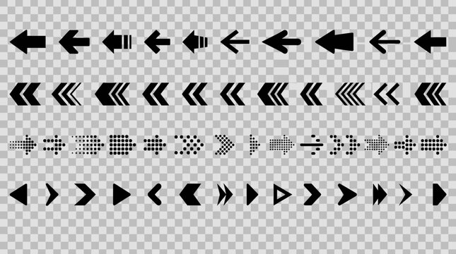 A collection of various black arrow icons arranged horizontally on a transparent background.
