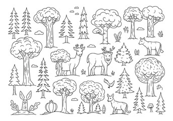 Fototapeta premium Forest Animals and Trees Line Art Set, Hand-Drawn Woodland Elements for Coloring