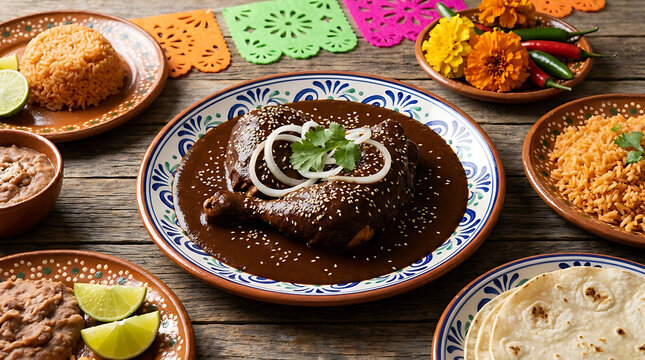 Traditional Mexican mole poblano served in a ceramic bowl with sesame seeds, representing authentic gourmet cuisine for festive Cinco de Mayo celebrations and cultural culinary heritage.
