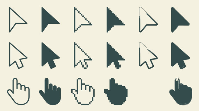 A collection of various computer mouse cursor icons and hand pointer symbols displayed on a screen.