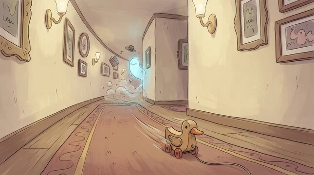 Toy Duck in Haunted Hallway with Floating Ghost