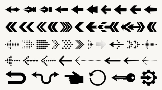 An illustration collection showcases various arrows and symbols for navigation and design on a plain surface.