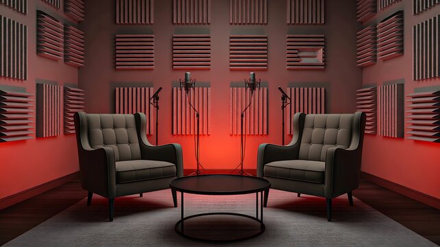 Modern podcast recording studio with microphones armchairs and acoustic foam panels illuminated by red lighting
