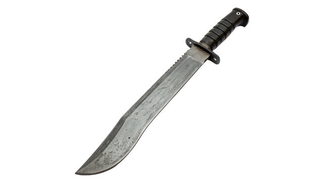 Large traditional machete knife with a black handle and sharp curved steel blade for jungle survival isolated on transparent background