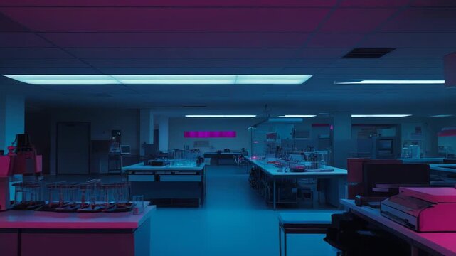 Empty futuristic laboratory interior featuring various scientific equipment illuminated by vibrant pink and blue neon lighting, creating an atmosphere of advanced research and innovation