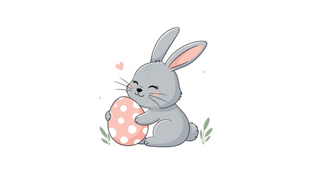 Fototapeta premium Adorable gray bunny rabbit character hugging a large pink Easter egg with white polka dots for spring holiday celebration greeting cards.