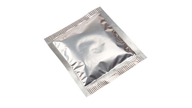 Silver rectangular foil packet or condom wrapper for personal protection and medical hygiene concepts isolated on transparent background