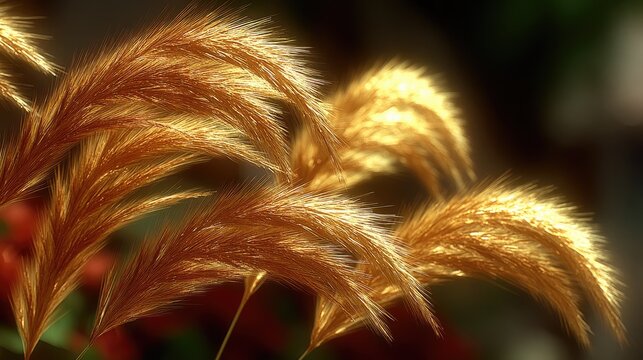 Golden Feather Grass Backlit by Warm Sunlight in Shallow Focus