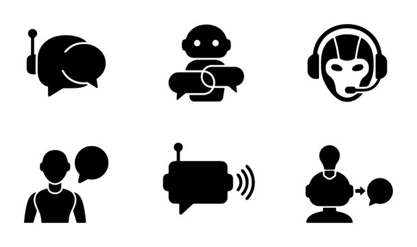Chatbot Icons Set, AI Assistant Symbols, Communication Bots Vector Graphics, Digital Support Icons, Bot Interaction Icons