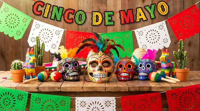 Festive Cinco de Mayo Celebration Decorations with Colorful Paper Banners, Vibrant Ornaments, and Traditional Mexican Party Elements for Holiday Event Backdrop Design