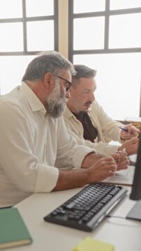 Two men coworkers at office desk, one holds smartphone, the other points pen to printed document with hands near keyboard in building; focused mentoring.
