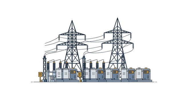 A flat profile view displays a modern electrical substation with large power transformers and tall high-voltage transmission towers standing on a white background.