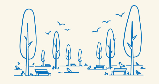 Park nature scene with trees birds and benches in simple blue vector line art illustration.
