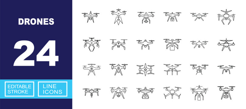 Drones line icon set. Vector pictograms of quadcopter, aircraft, camera, delivery, propeller, controller, sensor, hexacopter, surveillance, aviation, transport, technology, robotics. Editable stroke.