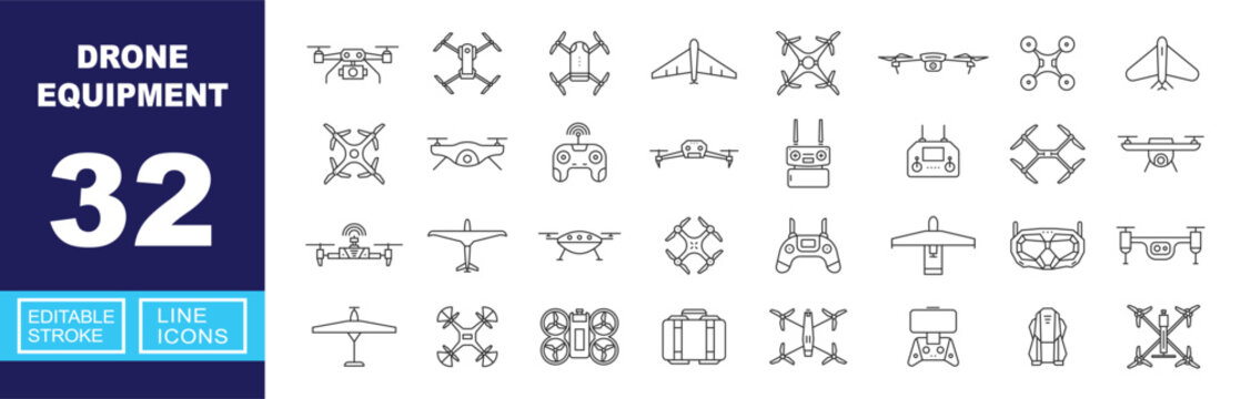 Drone Equipment line icon set. Vector pictograms of quadcopter, aircraft, hexacopter, wing, propeller, uav, multicopter, remote, controller, transmitter, gimbal, goggles, case. Editable stroke.