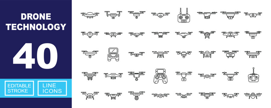 Drone technology line icon set. Vector pictograms of quadcopter, aircraft, hexacopter, multicopter, controller, surveillance, delivery, camera, flying, unmanned, robotics, remote. Editable stroke.