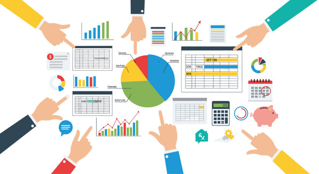 Several hands pointing toward a diverse collection of financial data charts and spreadsheets surrounding a central pie chart in a collaborative business strategy meeting illustrati
