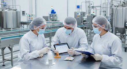 Fototapeta premium Three scientists in white lab coats and masks examine a tablet while reviewing documents at a stainless steel table in a modern pharmaceutical manufacturing facility.