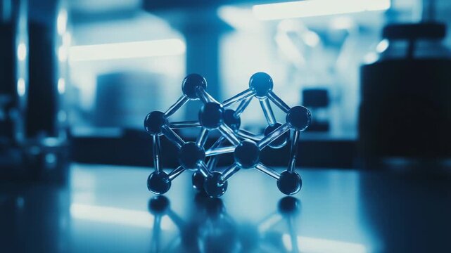 Molecule model sitting on a reflective laboratory surface, forming a complex structure of connected atoms, emphasizing scientific research and discovery in a modern lab environment
