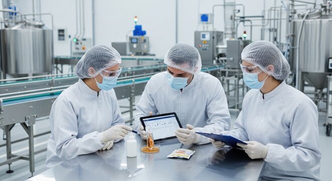 Three scientists in white lab coats and masks examine a tablet while reviewing documents at a stainless steel table in a modern pharmaceutical manufacturing facility.