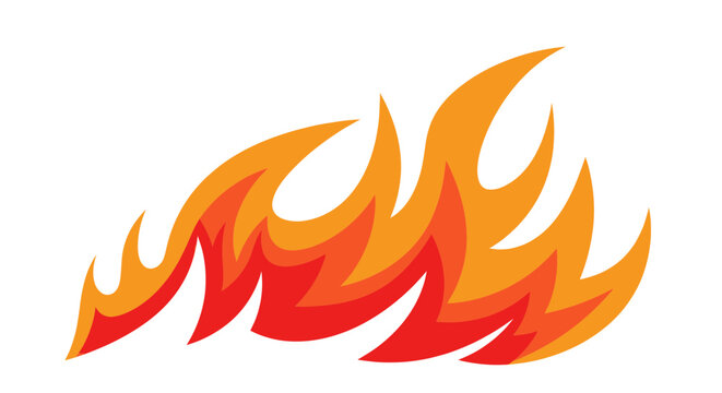 Vibrant orange and red flame graphic.