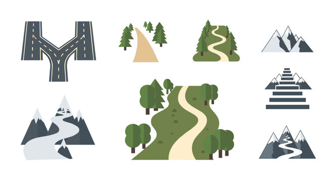 A series of vector illustrations depicting various winding road configurations through diverse landscapes including lush green forests and jagged snowy mountain peaks in a flat sty
