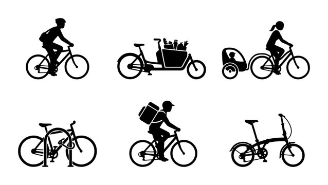 Diverse Bicycle Silhouettes: Cargo Bikes, Commuters, and Family Cycles, Vector Icons for Urban Mobility and Delivery