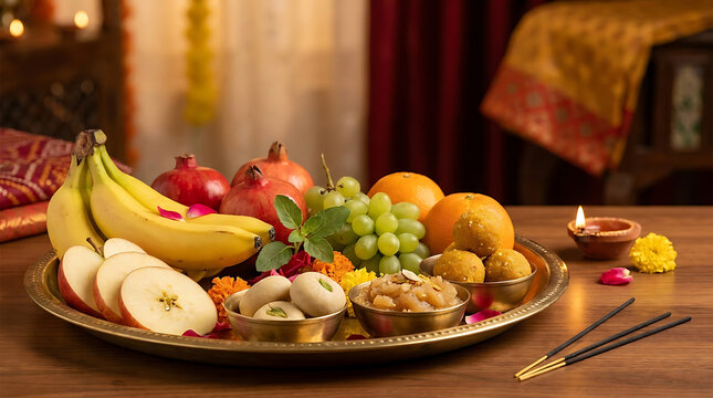Vibrant Chaitra Navratri Prasad Platter with Assorted Fresh Fruits Healthy Nuts and Delicious Indian Traditional Sweets Arranged for Hindu Religious Festival Worship and Celebration Rituals