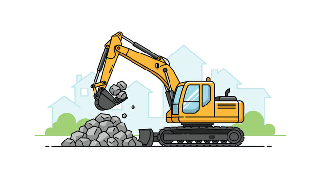 A yellow hydraulic excavator with a front dozer blade maneuvers a pile of rocks near soft green shrubs and house outlines in a flat vector illustration style.