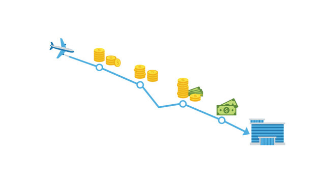 A blue linear path graph illustrates a declining financial trend with stacks of gold coins and currency notes leading towards an office building vector illustration.