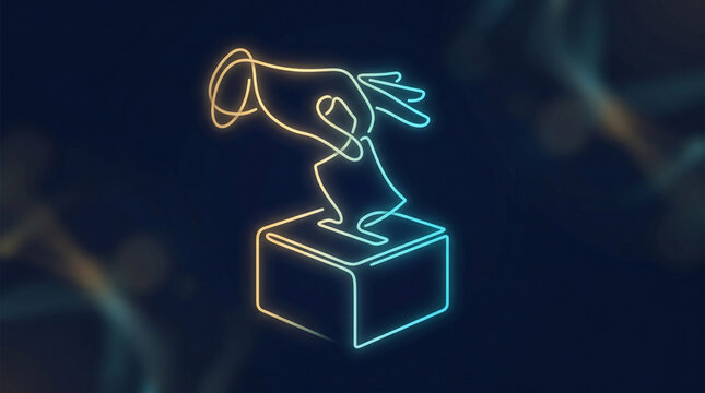 Neon Line Art of Hand Casting a Vote into a Ballot Box