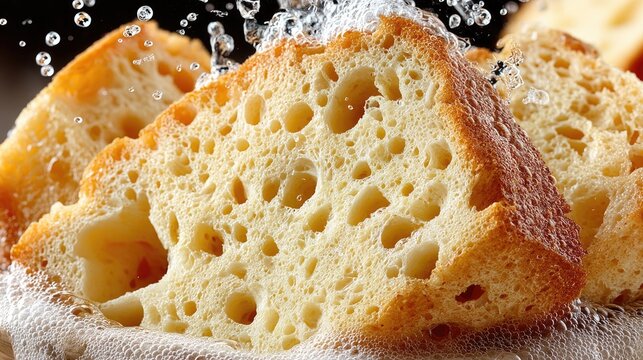 Golden Rustic Bread Slice with Airy Crumb and Splashing Water in Close Up