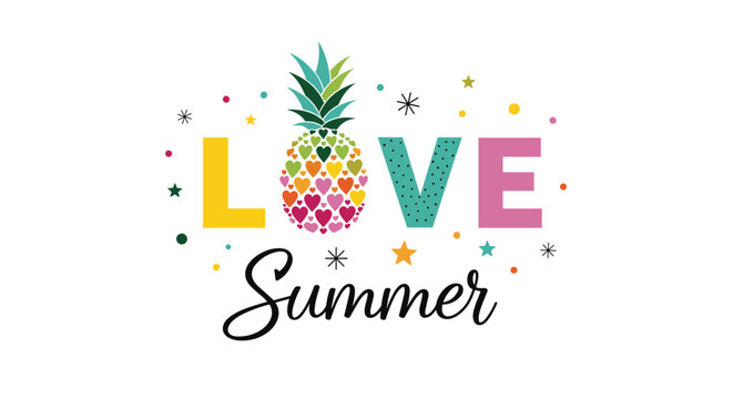 Colorful typography design reading Love Summer with the O replaced by a pineapple made of vibrant heart shapes on a white background.