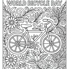 Fototapeta premium Intricate black and white line art coloring page featuring a bicycle surrounded by decorative floral patterns for creative artistic fun