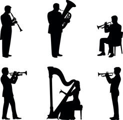 Collection of musician silhouettes playing trumpet, clarinet, tuba and harp instruments isolated on light background illustration set © Mamota