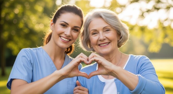 A smiling young nurse and an elderly woman are making a heart shape with their hands outdoors. They are both smiling genuinely and appear to be enjoying a moment of connection.
