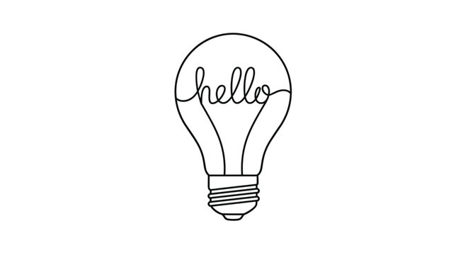 Creative line art illustration of a classic light bulb with the word hello written in a continuous script font inside the glass part.