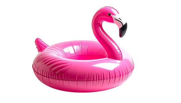 Tropical flamingo pool float isolated on transparent background, vibrant pink inflatable toy, glossy material, trendy summer aesthetic