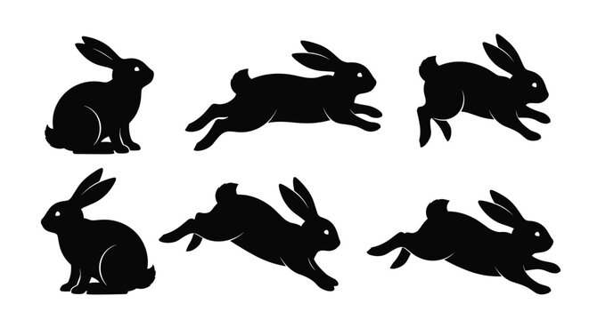 Set of black silhouettes showing rabbits and bunnies in different poses including sitting, jumping, and running isolated on white background.