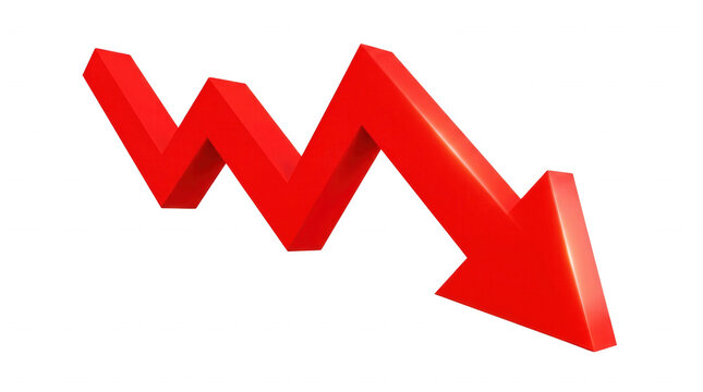 3d rendering of a red zigzag arrow pointing downwards, symbolizing a decline, financial loss, or negative trend, isolated on transparent background