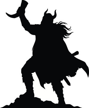 Majestic viking warrior silhouette standing tall while holding a drinking horn high above his head to celebrate a historic victory in ancient battle scenes showcased as a graphic on transparent backgr
