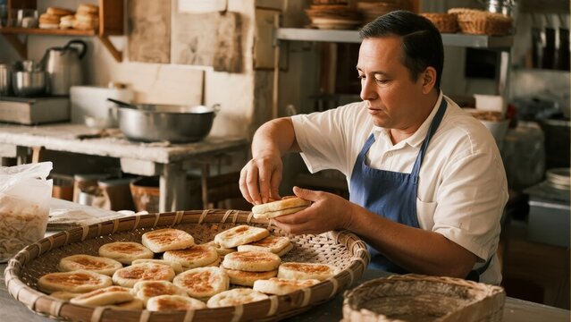 A baker prepares freshly baked bread in a traditional kitchen setting