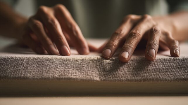 Close up of woman's hands stretching fabric for textile art or craft project Abstract study of tactile material surface and texture, exploring density, depth and tangible physical embodiment.