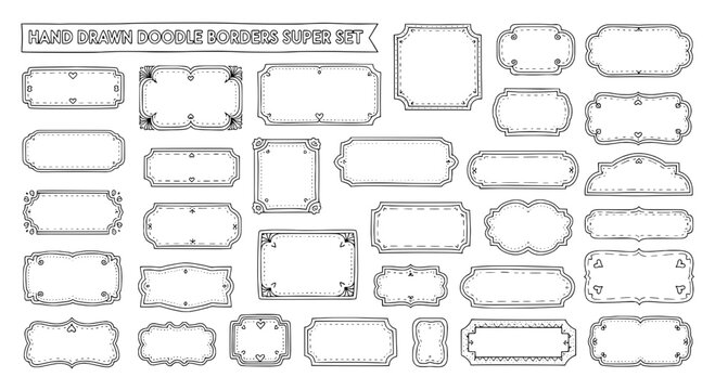 Speech bubbles hand drawn doodle border frames set with playful outlines and small hearts for stickers and messages