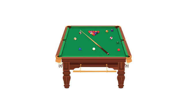 A standard wooden pool table with green felt top is positioned centrally in a bright white space with a single cue stick resting diagonally across the play surface.