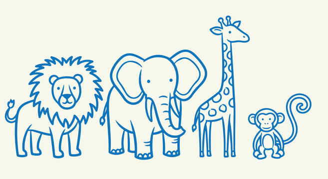 Cute cartoon safari animals including lion elephant giraffe and monkey on white background.