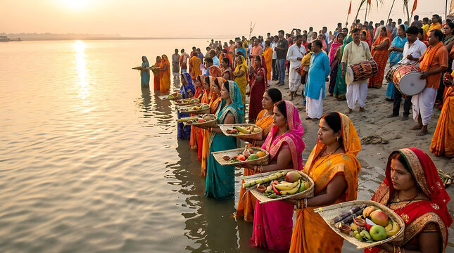 Traditional Bihar Chhath Puja Celebration with Devotee Offering Arghya to the Sun God in Sacred River Water during Holy Indian Festival Rituals and Spiritual Hindu Prayer Gathering