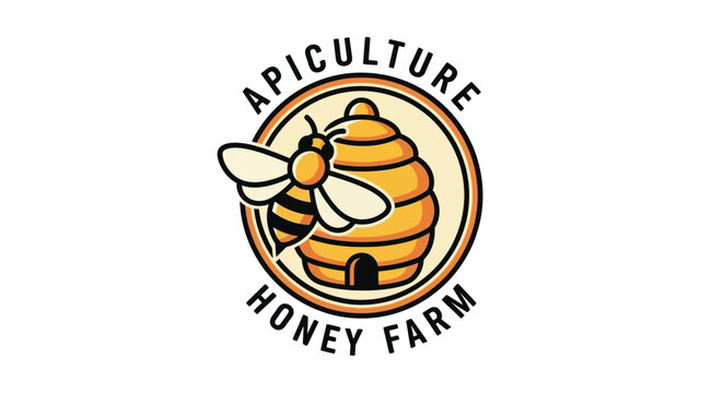 Apiculture Honey Farm Logo with Bee and Beehive